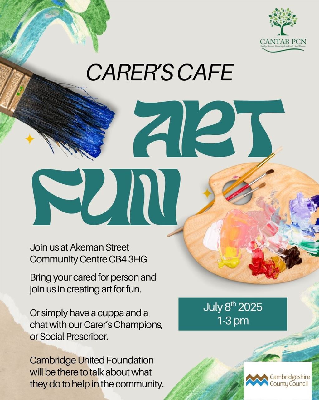 Art poster with paint and brushes describing the carers cafe event 