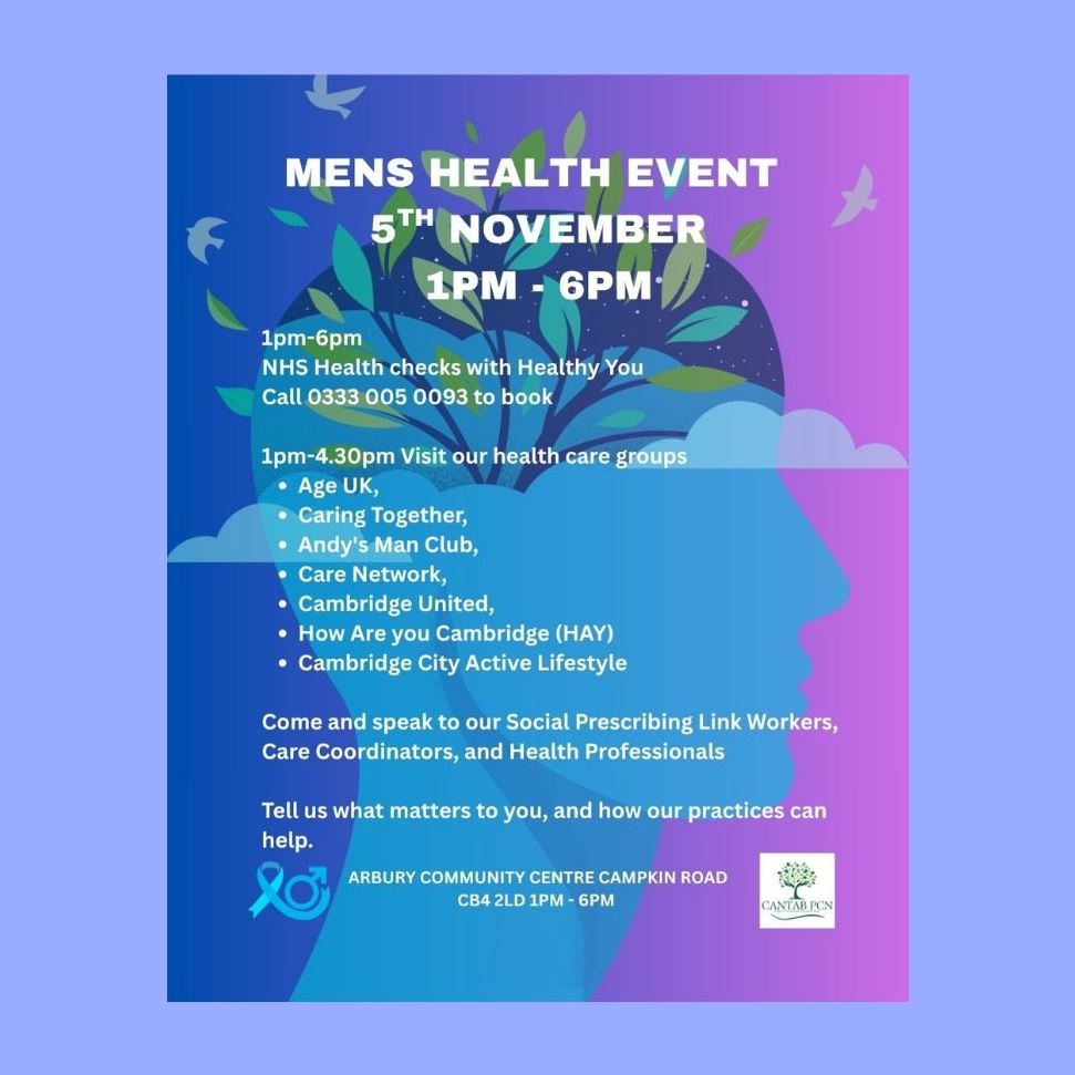 Mens Health Event Poster, purple and blue showing a silhouette of a head with birds, clouds, peace coming out of it
